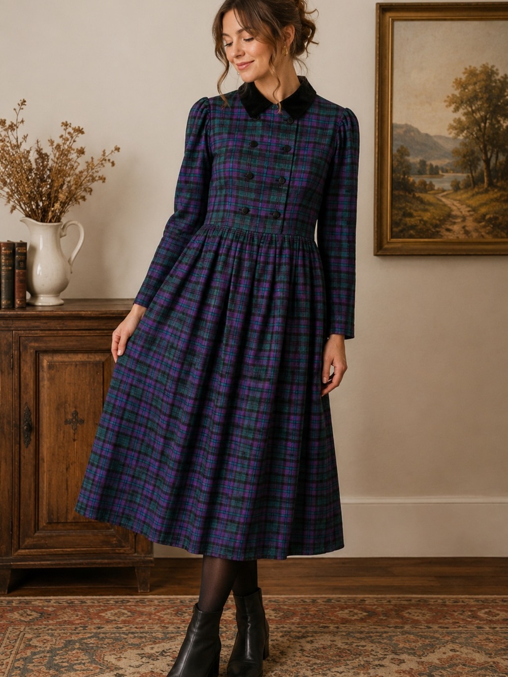 Vintage Laura Ashley Plaid Wool Midi Dress Cottagecore Prairie costume size 8